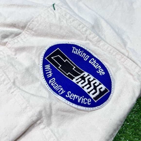 Vintage  Wrangler Bib Overalls 42 x 32 Cream 90s Chevy‎ NASCAR Daytona Patches - Picture 14 of 16